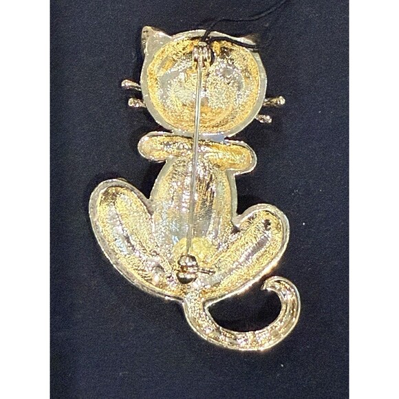 Sparkling Pave Rhinestone Cat Brooch Pin Gold Tone Bow Tie Kitty Cat - Picture 3 of 6